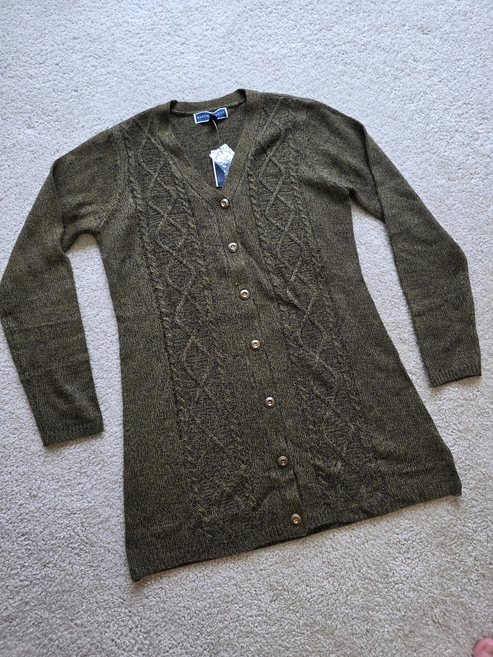Karen Scott Olive Cable-Knit Long Button Cardigan